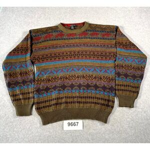 Vintage Oaktree Sweater Mens Medium Green Striped Acrylic Tight Knit Crew Neck